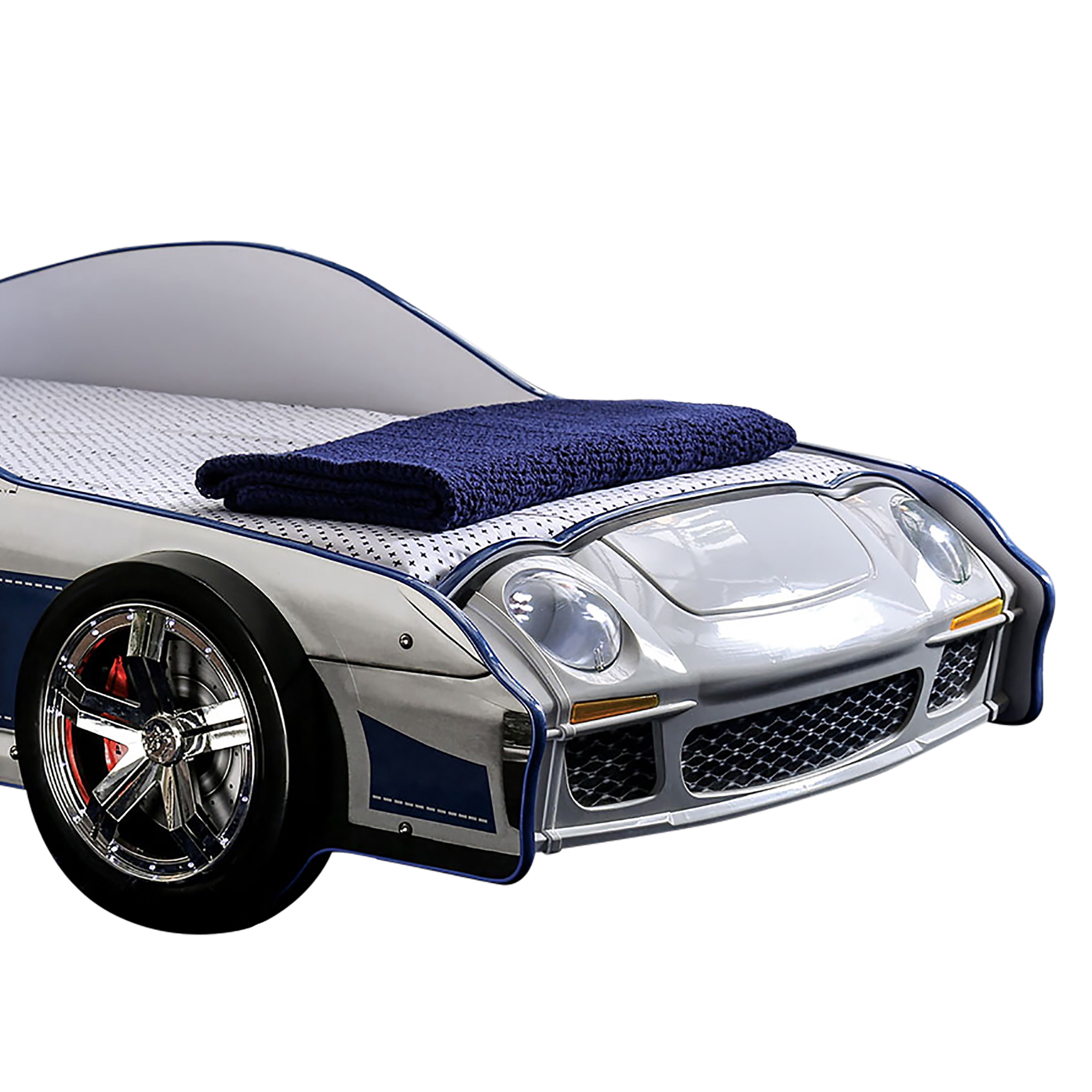 Furniture of America Mauer Wood White Twin Car Kids Bed with LED Night Lights on Headlights & Wheels