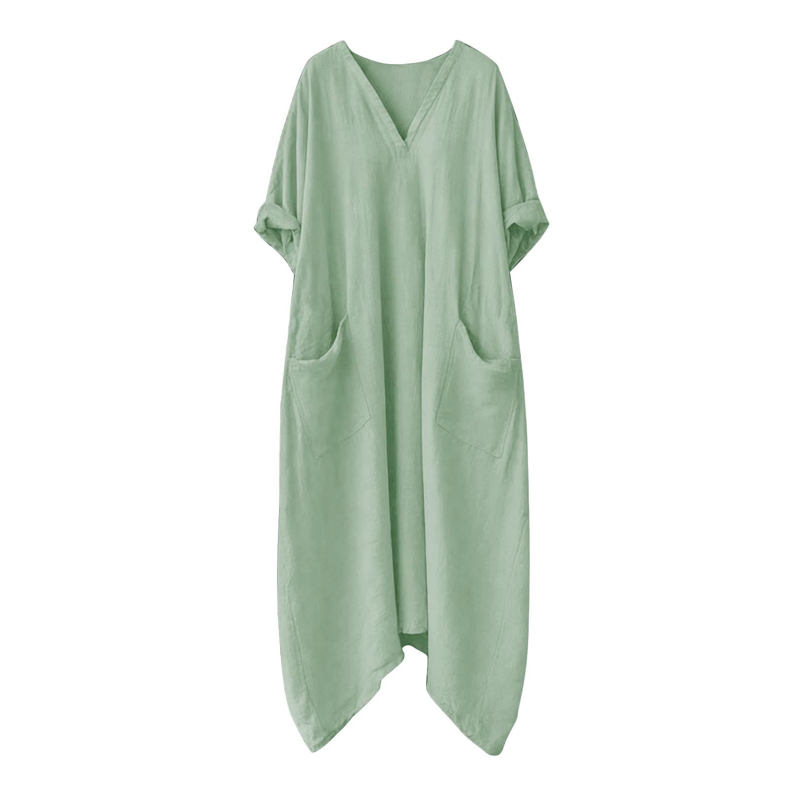 Dresses for Women, Womens Casual Loose Cotton Linen Long Shirt Dress, V-Neck Cuffed Sleeve Side Split Dresses with Pockets