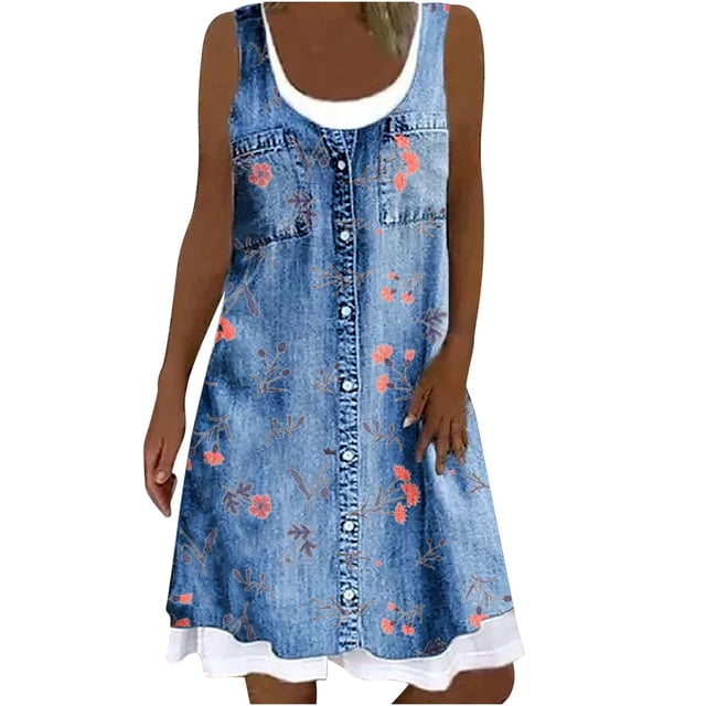 Pisexur Robe en Denim Aguichant pour Femme Sans Manches à Col en V, Robe Midi à Fleurs, Décontractée, Fente Latérale, Robe-Chemise en Jean