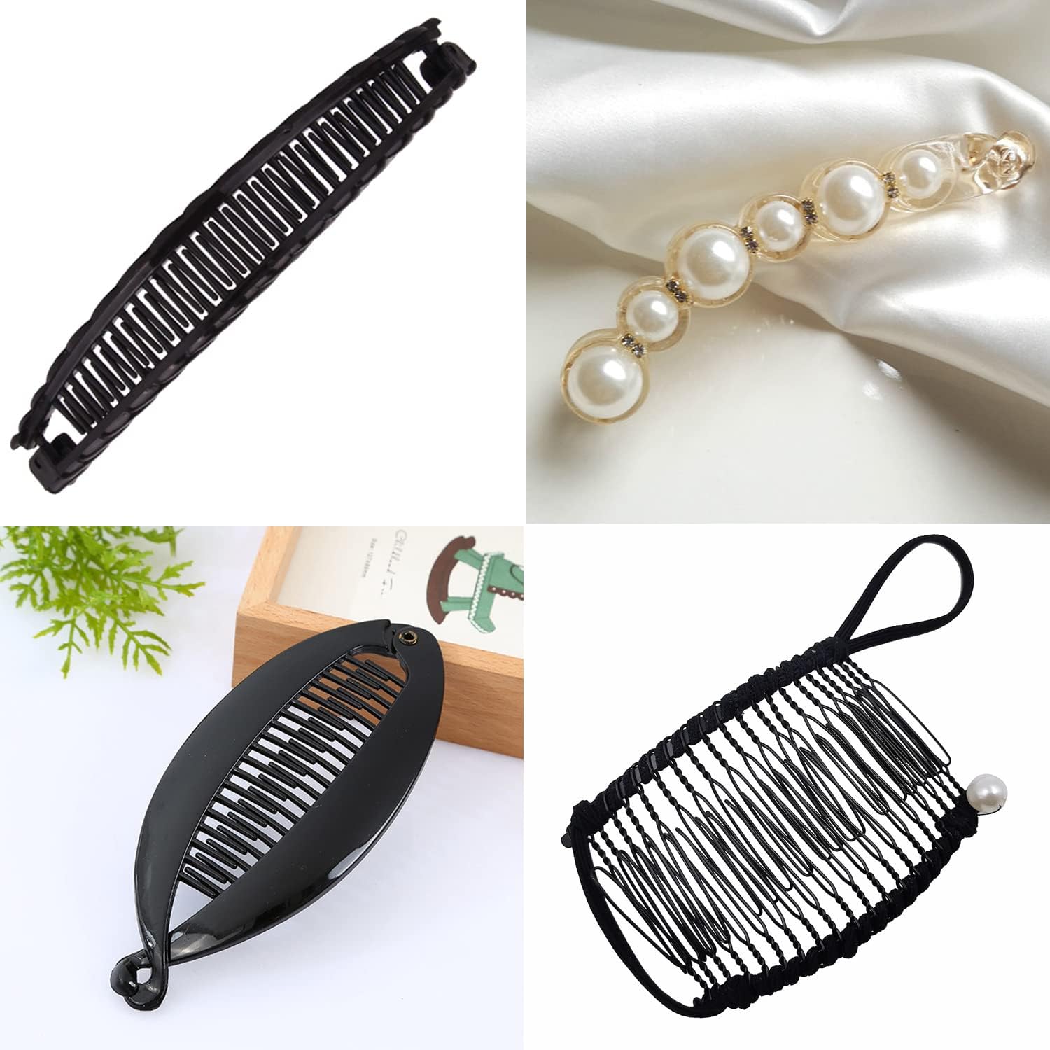 4 Pieces Banana Hair Clips, Double Comb Banana Clips, Fishtail Banana Clips, Pearl Banana Clips, Clincher Combs Banana Clips, Vintage Hair Clip Accessories Headwear DIY Hairstyles for Thick Hair.