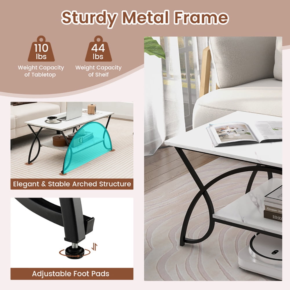 Finihen Coffee Table, Rectangular Coffee Table, 2-Tier Faux Marble Coffee Table with Marble Top and Metal Frame, for Living Room, Reception Room, Black & White Finihen Coffee Table, Rectangular Coffee Table, 2-Tier Faux Marble Coffee Table with Marble Top and Metal Frame, for Living Room, Reception Room, Black & White