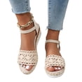 thumbnail image 4 of Women's Lightweight Crochet Lace Sandals, Adjustable Buckle Espadrille Wedge Heels, Open Toe Casual Summer Chunky Shoes for All-Day Comfort Beige 7.5, 4 of 9