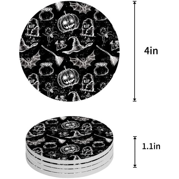 FMSHPON Hallowen Witches Hat Pumpkin Bat Black Hallowmas Set of 4 Round Coaster for Drinks, Absorbent Ceramic Stone Coasters Cup Mat with Cork Base for Home Kitchen Room Coffee Table Bar Decor