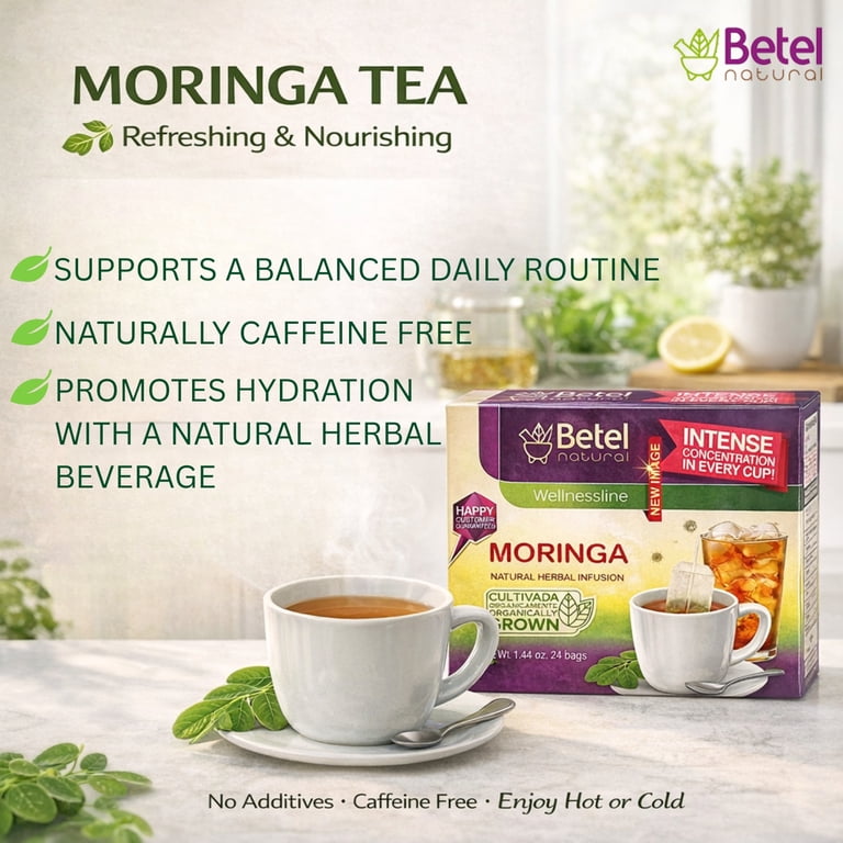 Betel Natural Moringa Herbal Tea 24 Bags, Caffeine-Free Natural