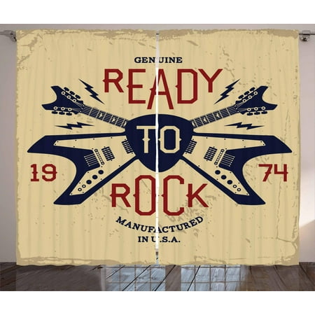 Classic Rock Curtains 2 Panels Set, Ready to Rock Saying with Flying V Guitar and Pick Vintage Print, Window Drapes for Living Room Bedroom, 108W X 108L Inches, Beige Ruby Night Blue, by