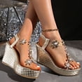 thumbnail image 3 of Rokment Glitter Flower Rhinestones Platform Wedges Dress Sandals for Women Bride Wedding 2026 Summer Delicate Clear Band Chunky High Heels Slingback Dressy Sandals Gold Size 6, 3 of 5