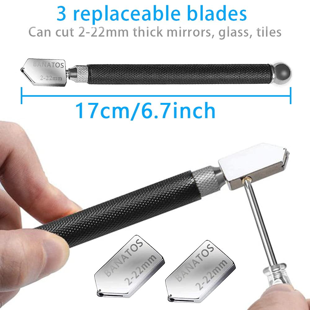 Glass Cutter Professional- Glass Cutters Tool for Thick Glass Tile Mirror Mosaic Cutting in The Range 2-22mm, Tile Cutter Glass Cutter with Replaceable 3 Carbide Cutting Heads