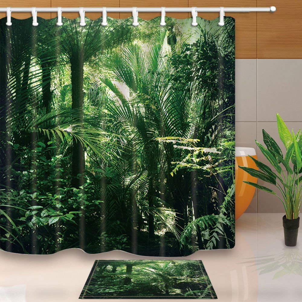 BPBOP Rainforest Decor Lush Green Foliage in Tropical Jungle Shower