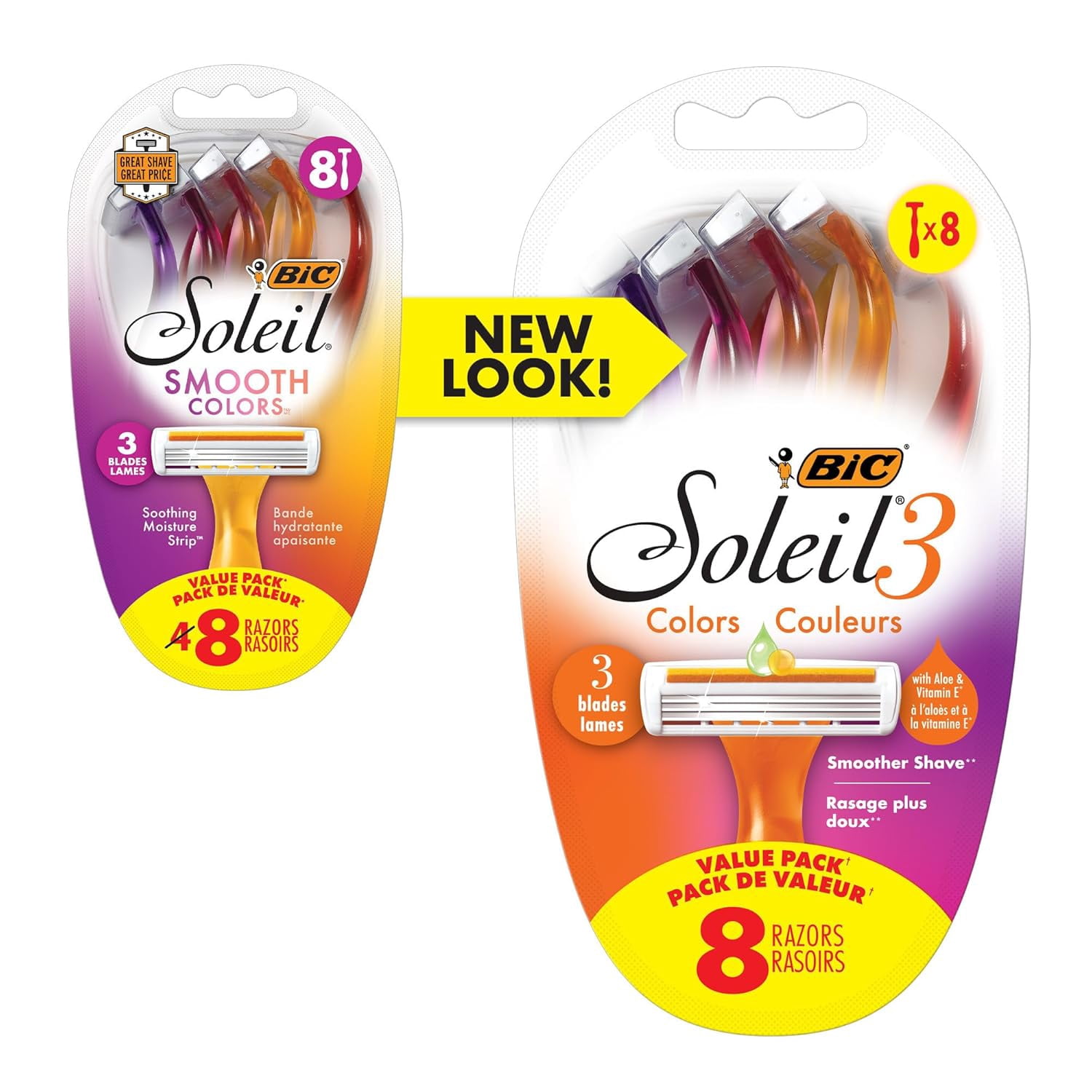 BIC Soleil 3 Colors Women's Disposable 3 Blade Razors, Colorful Handles and Moisture Strip, 10-Pack