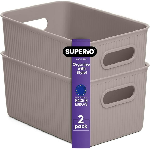 Superio 5L Small Ribbed Storage Bin- Plastic Storage Bin (2 Pack, Taupe)