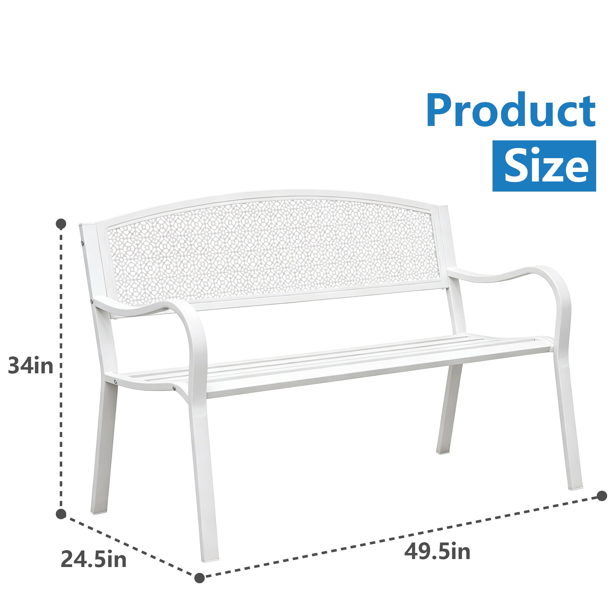 Abble High Back Outdoor Metal Garden Bench Steel Slat Patio Loveseat Park Bench for Porch Yard Lawn Patio Bench, White