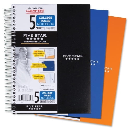 Five Star 5-Subject College-Ruled Notebook, 9 1/2' x 6', Assorted Colors (06184)