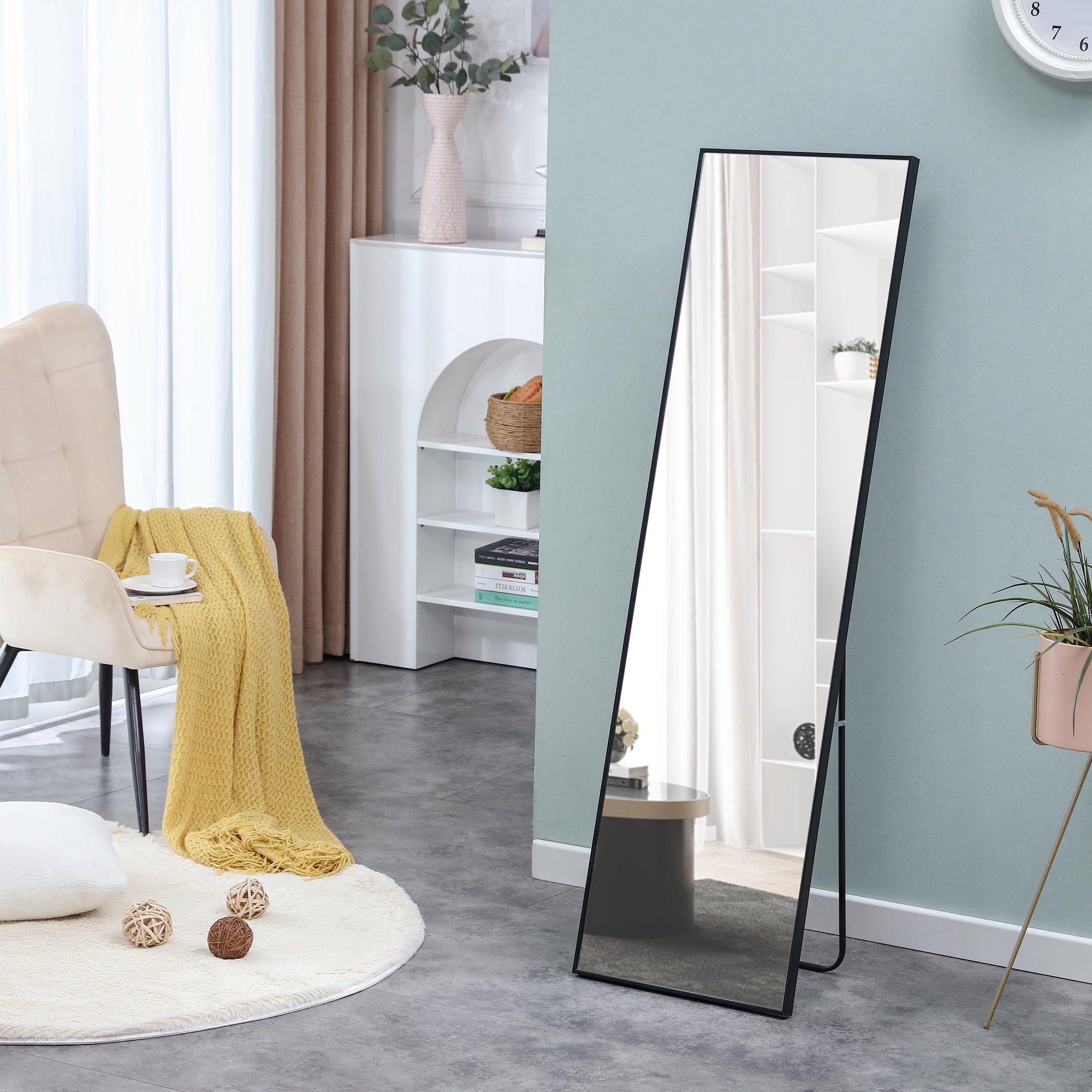 Full-Length Mirror, Dressing Mirror with Solid Wood Frame, Floor Mirror for Living Room, Bedroom, 58"×15", Black