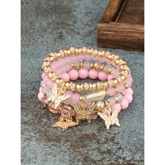 QQTDFG 4pcs/set Butterfly Charm Beaded Bracelet in Pink Color Creative Jewelry-default