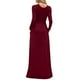 thumbnail image 4 of Vestido de manga larga con cuello redondo para mujer, vestidos largos lisos sueltos, bolsillos laterales, vestidos largos informales, rojo vino S, 4 of 6