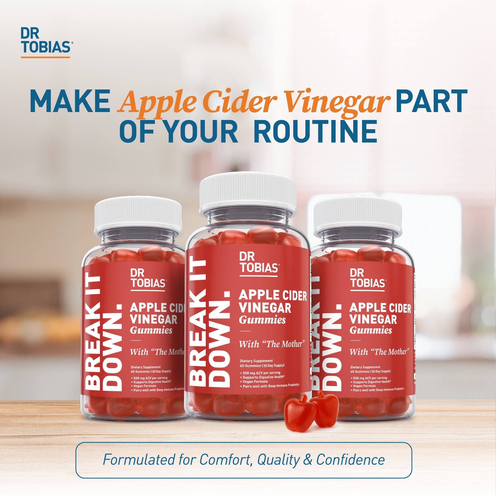 Dr. Tobias Apple Cider Vinegar Gummies, Includes 500 mg Apple Cider Vinegar With Mother, Folate, B12 & Iodine, Supports Gut Health, Cleanse & Detox, Vegan & Gluten-Free, 120 Gummies