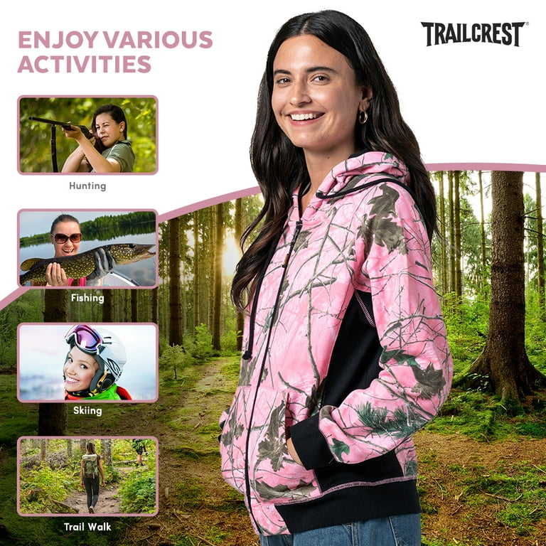 Trailcrest Womens Full Zip Up Hoodie Sweatshirt Casual Fashion Sweater Hooded Jacket, XL, Pink Camo, Women's