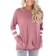 thumbnail image 2 of Women's Long Sleeve T-Shirt, Crewneck Stripe Sleeve Casual Top, Basic Loose Fit Tee for Women, Soft Everyday Shirt for Daily Wear, Fall and Winter Layering Staple-Pink, 2 of 7