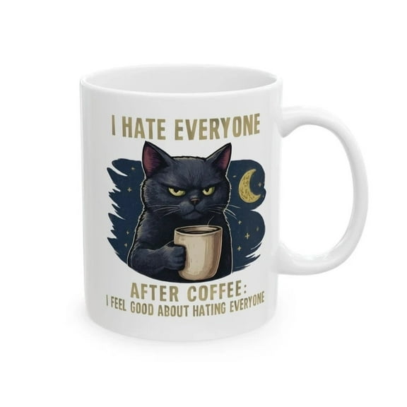 Funny Cat Coffee Mug — Grumpy Black Cat Humor Cup 11oz Morning Drink Gift