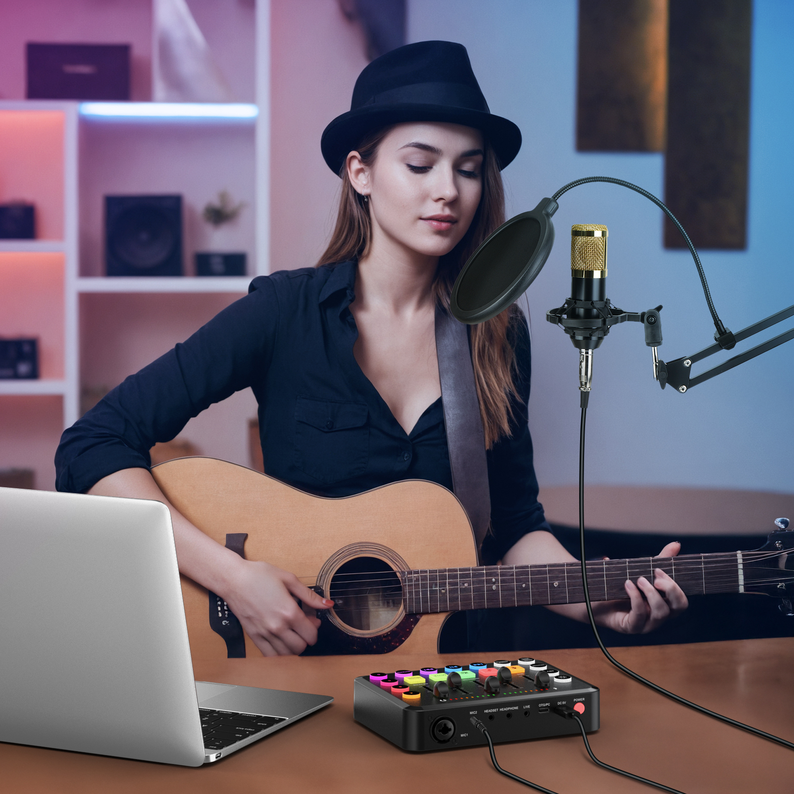 Rechargeable Audio Mixer for Gaming & Podcasting - 48V Phantom Power, Dual Mic Inputs, RGB Lighting, 1-Click Noise Cancel, Voice Changer, Plug & Play (W-11GD)