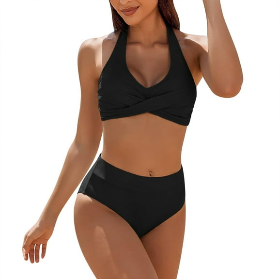 Lroveb Bikini Sets for Women Two Piece Ha Lter Wrap Swimsuits Color Block High Waisted Bathing Suit Retro Printed Swimwear 2 Piece Swimsuit