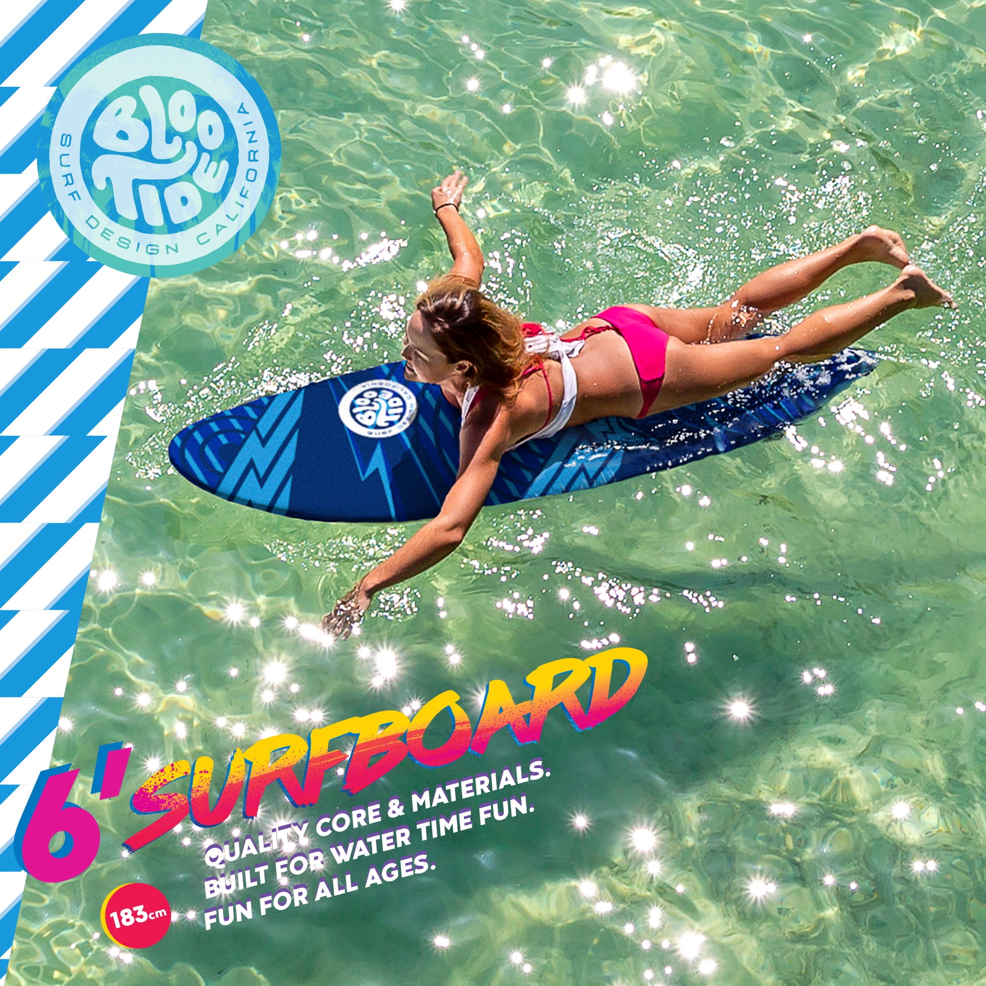 Bloo Tide 6 Ft Soft Top Surfboard, Swallow Tail, Teens and Adults, Graphic top Deck with high Density Slick Bottom, Blue Color, Leash and Fin Set In
