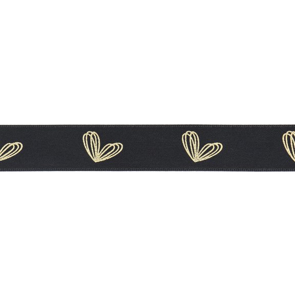 UNIQUE CREATIV, Ribbon, Printed Satin, Gold Heart on Black, 20mm x 5.4m (0.78" x 18ft)
