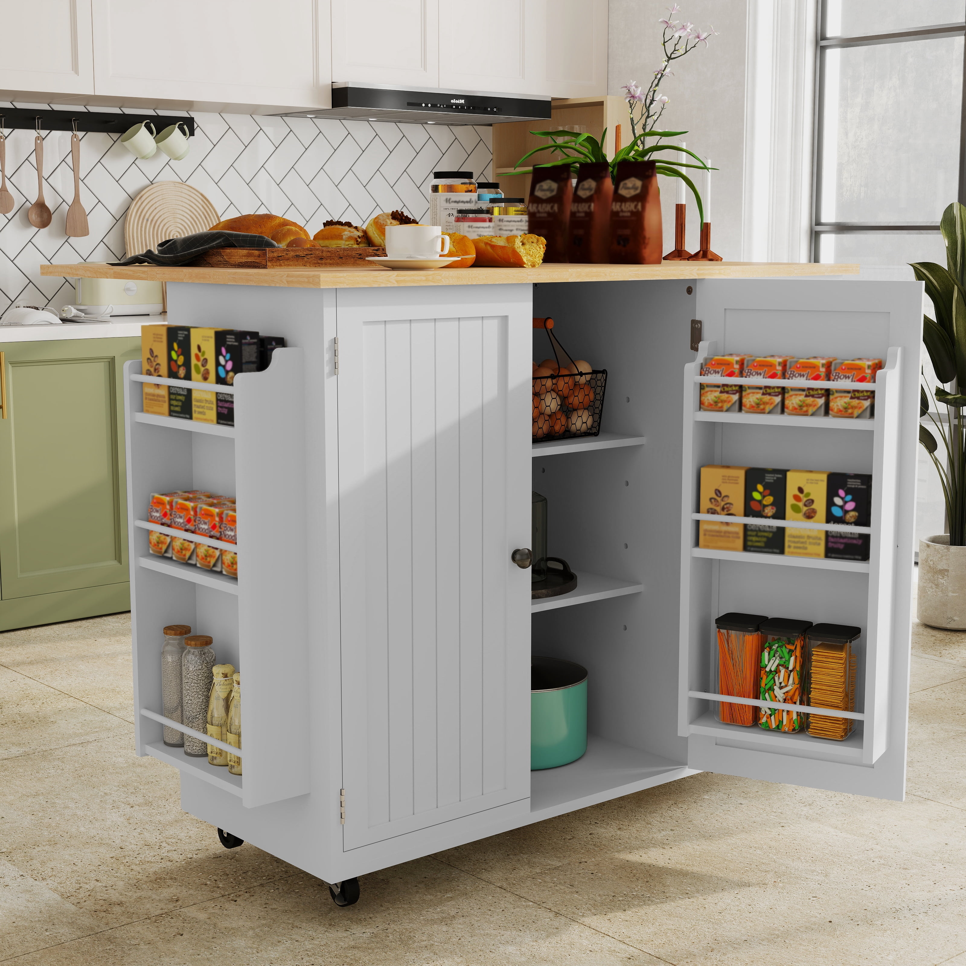 50.4" Kitchen Island with Storage,  Expandable Solid Wood Top Cart with Drop Leaf and Wheels, White