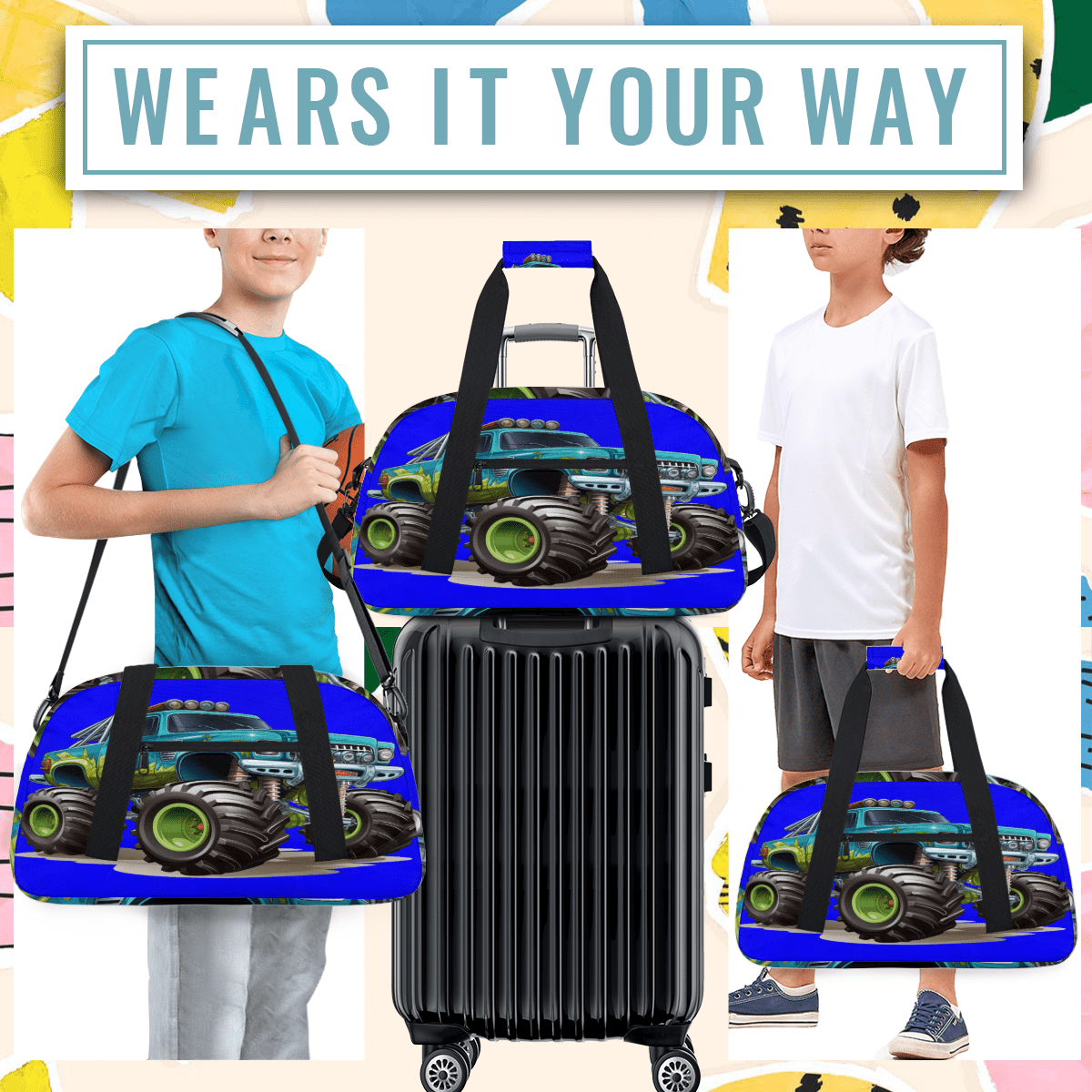 Herdesigns Sports Duffle Bags Travel Duffle Bag Gym Bag Cartoon Cool Monster Truck Weekender Travel Bag Waterproof Overnight Bag Carry On Travel Tote Bag Dance Bags