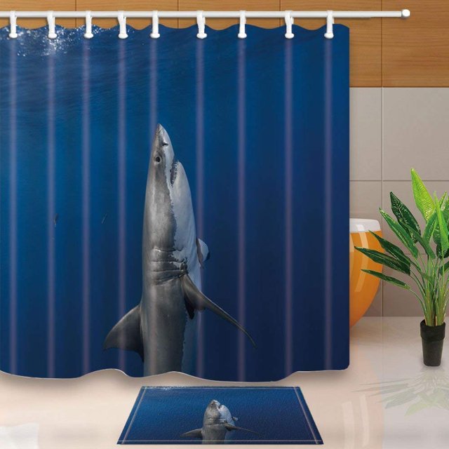 Decoración de Animales Marinos ABPHQTO Tiburones Nadando en el Océano Cortina de Ducha 160x180 cm con Alfombras de Baño 40x60 cm