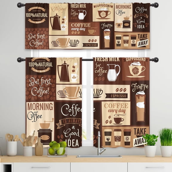 Brown Coffee Kitchen Curtains and Valance 3 Piece Set Rod Pocket Rustic Vintage Latte Cappuccino Cafe Theme Curtains Farmhouse Cafe Beans Drink Decor Modern Window Drapes Fabric