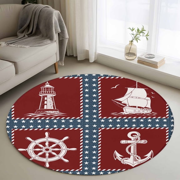Nautical Coastal Round Area Rug 3.3Ft Washable Circle Rugs for Dining Room Table, Blue Red Lighthouse Sailing Anchor Rudder Non-Slip Carpet Floor Mats Indoor Outdoor Carpet Runner Home Decor