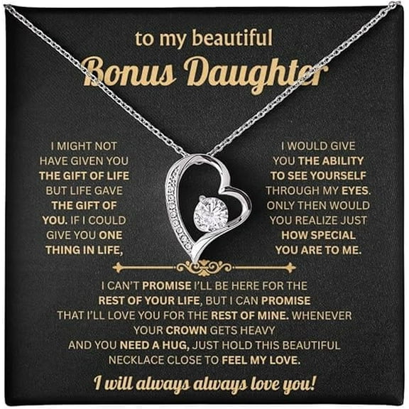 To My Beautiful Bonus Daughter Necklace From Mom & Dad With Heartfelt Message Card Perfect for Birthday, Graduation, or Christmas