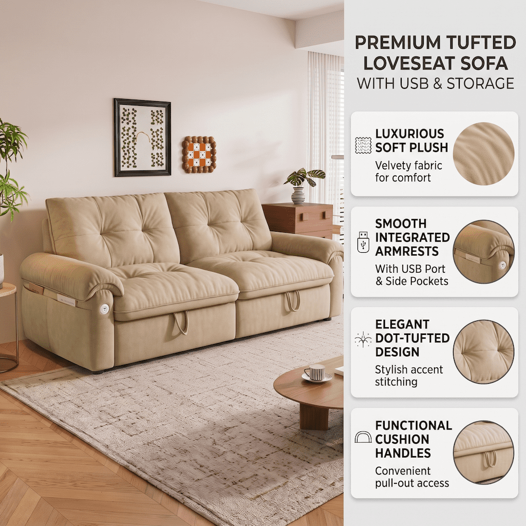 Xiweot Convertible Sleeper Sofa Bed, 77" Queen Size Pull Out Couch with Side Pocket, Adjustable Backrest & USB Ports, Comfy Velvet Loveseat for Living Room Apartment Small Space (Brown)