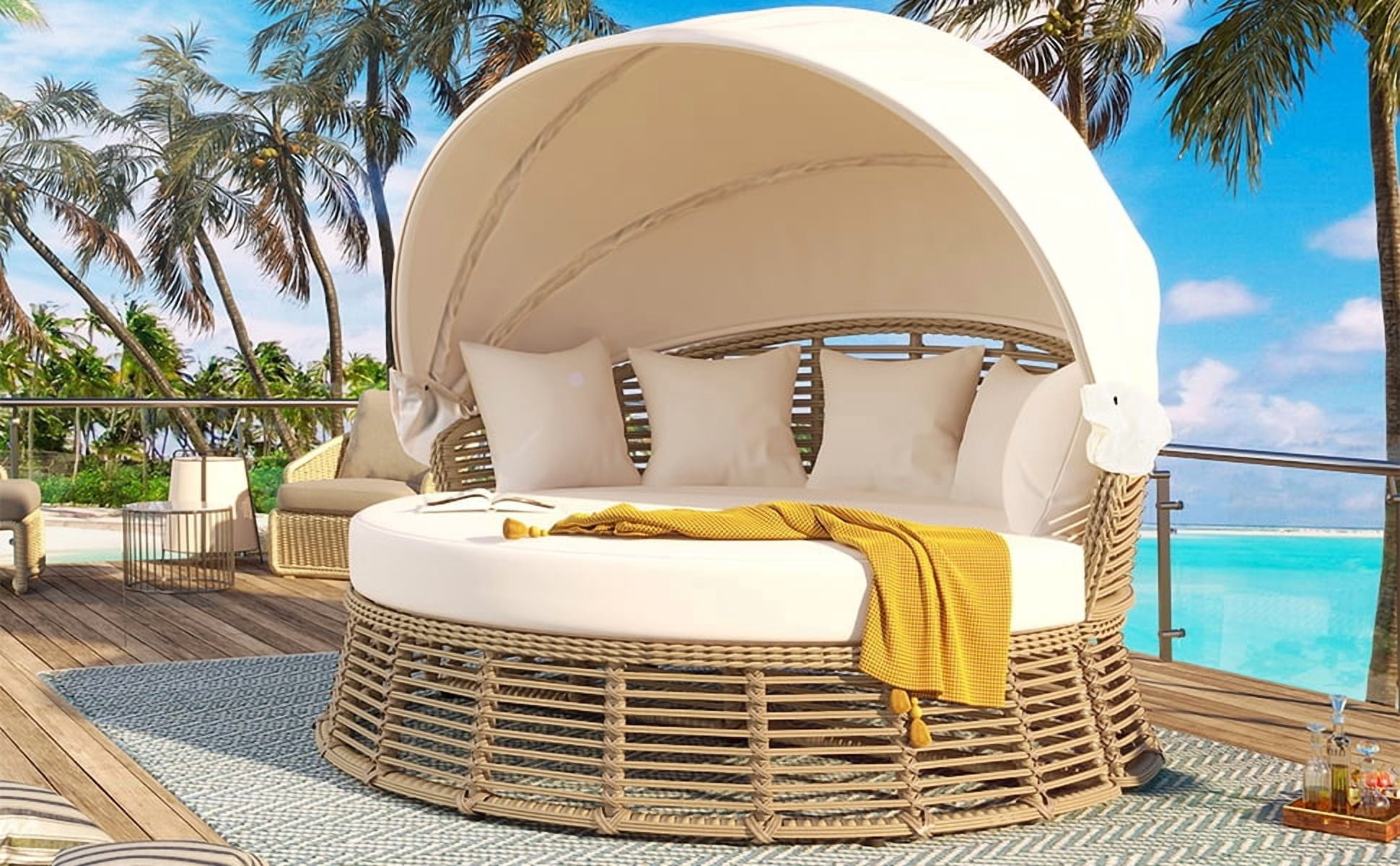 Outdoor Round Daybed, Rattan Frame with Retractable Canopy and Removable Cushions for Backyard Porch, Beige