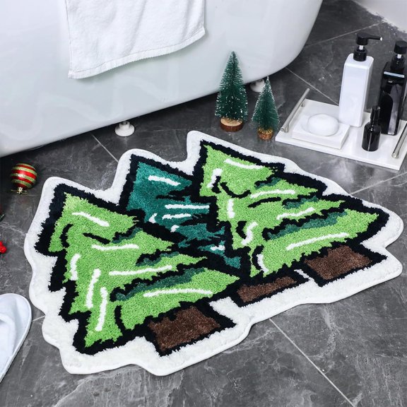 CaiYueKe Christmas Bathroom Rugs 16 x 24 Inches Green Christmas Tree Bath Mat for Living Room Non Slip Christmas Bathroom Decor Soft Absorbent Shower Carpet for Xmas Winter Home Decor