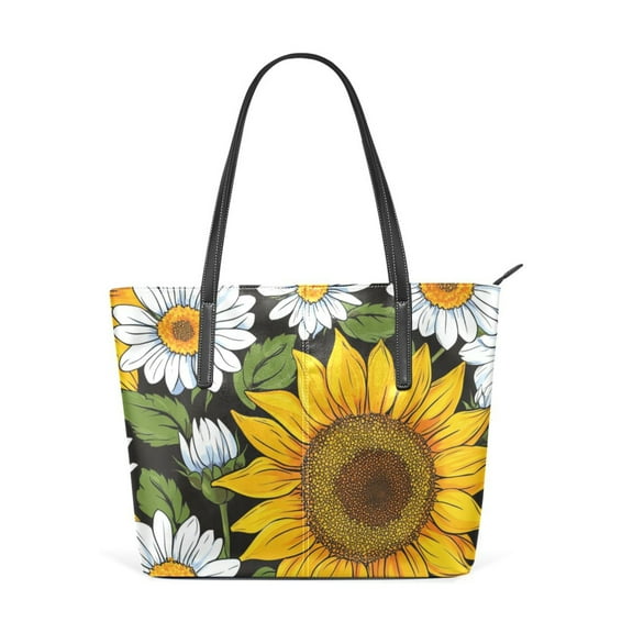 Tote Bag Aesthetic leather Handbags with Zipper for Women Travel Shoulder Bags Purses with compartment. Painting Daisy Sunflowers
