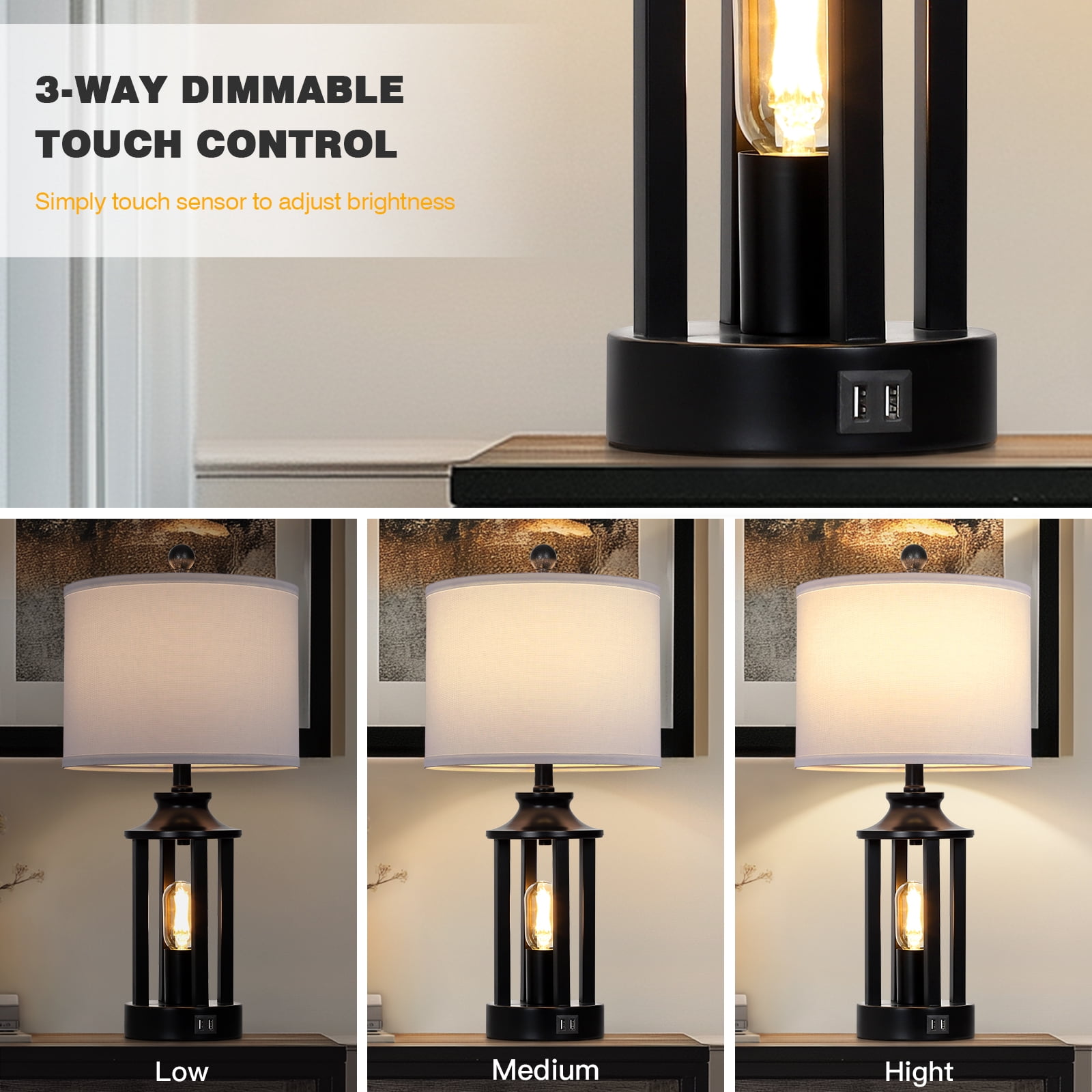 Cinkeda Modern Table Lamp Set of 2 with USB Ports 3 Way Dimmable Nightlight Industrial Black Bedside Lamps for Bedroom Living Room
