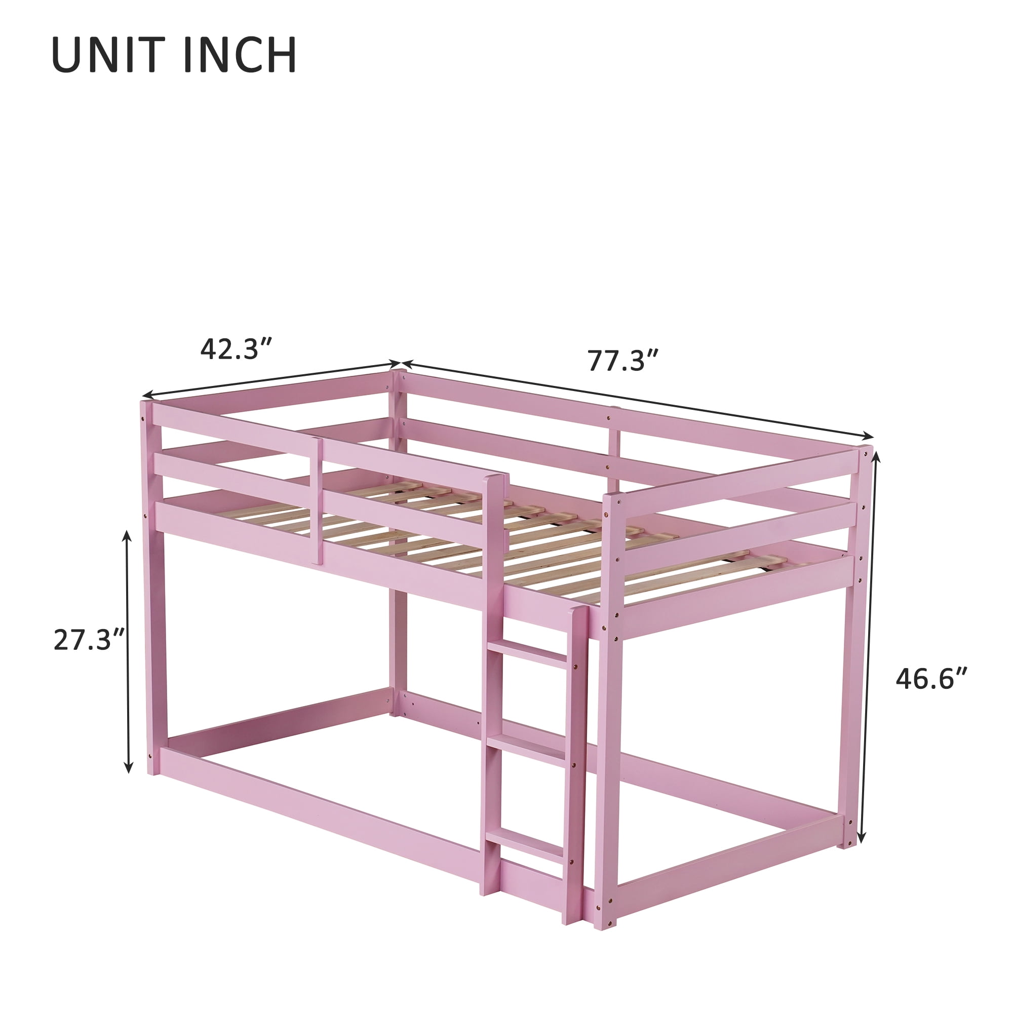 Alvantor Twin Over Twin Bunk Bed, Solid Rubber Wood Low Floor Bunk with Ladder, Pink