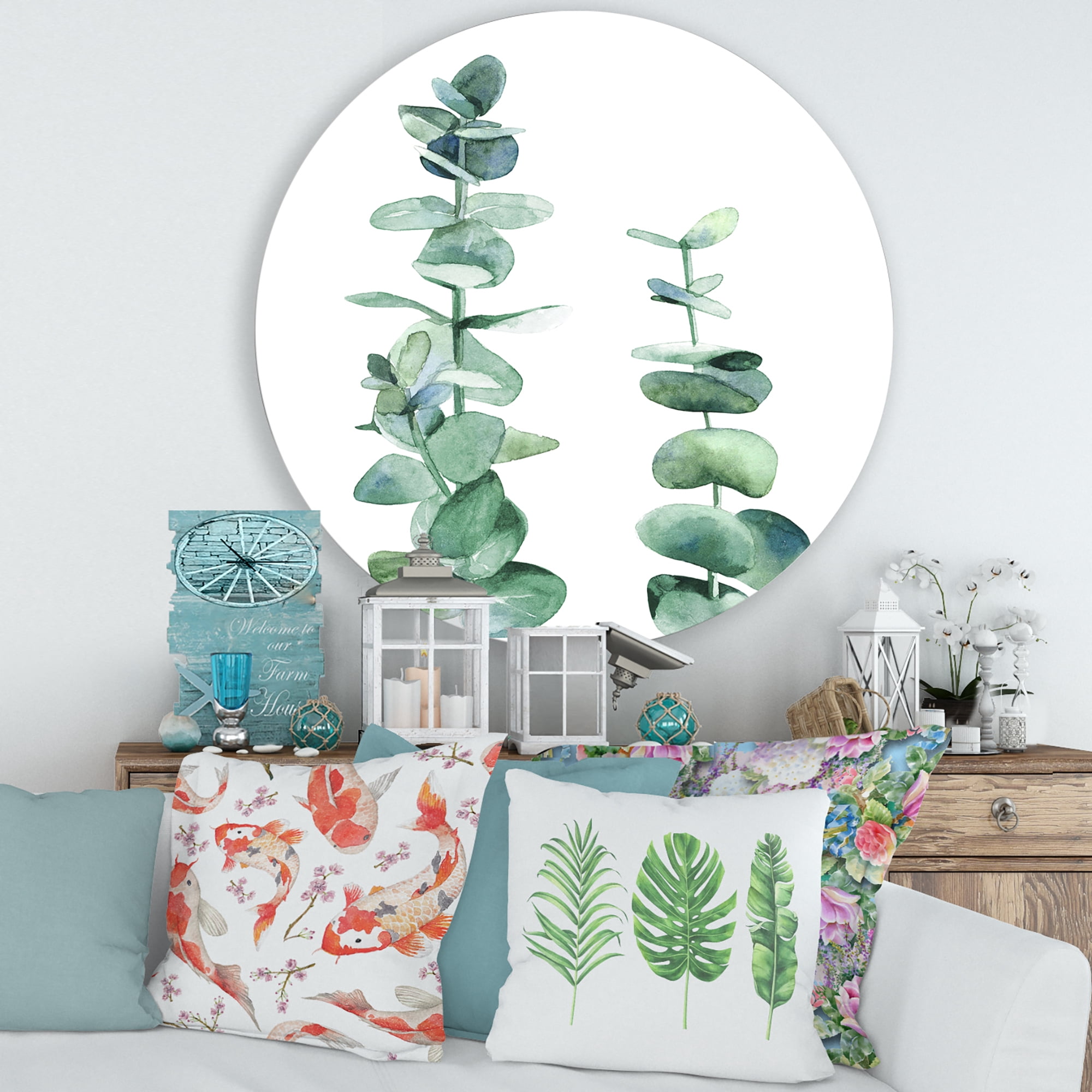 Designart 'Green Eucalyptus Branch' Tropical Circle Metal Wall Art 36x36 - Disc of 36