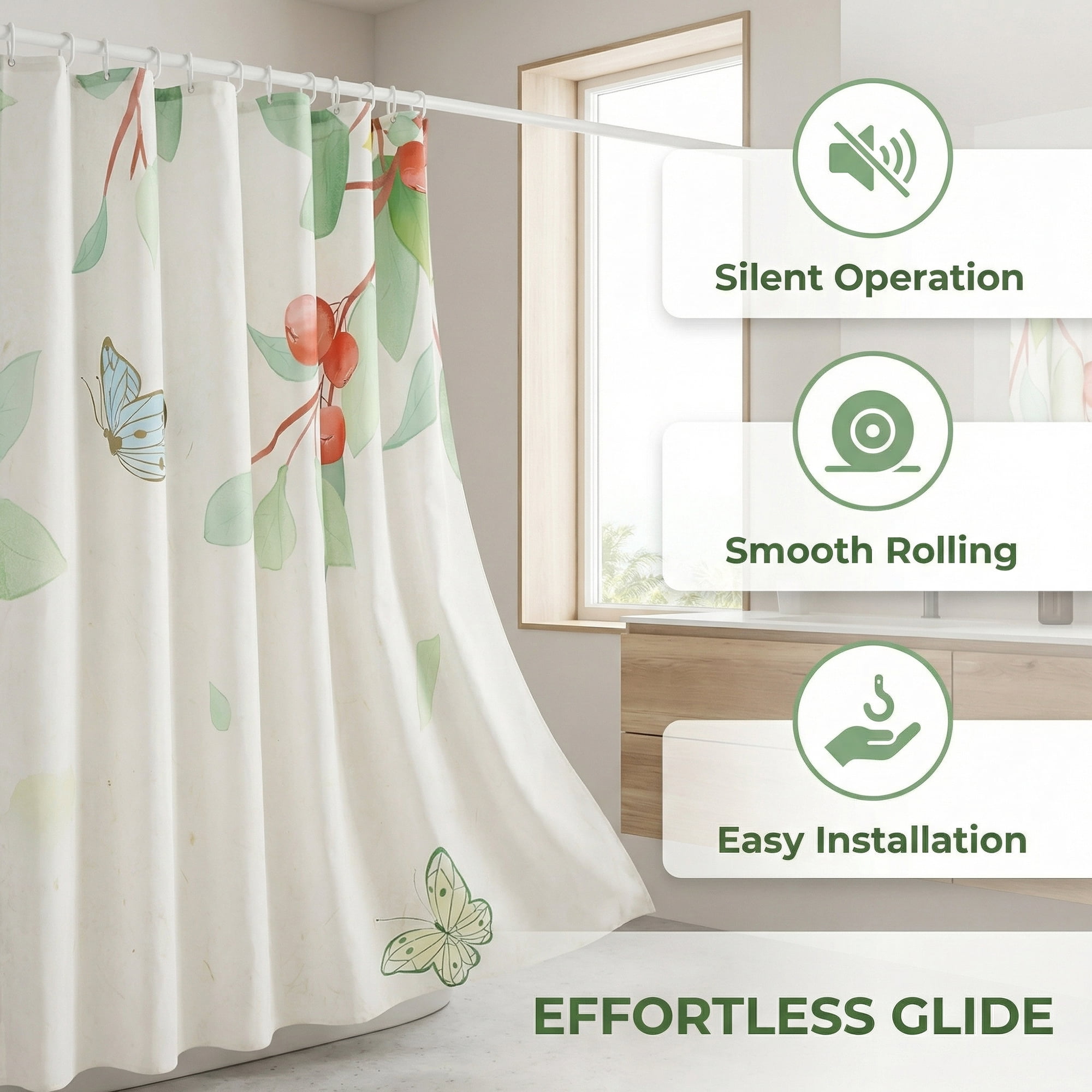 Unique Bargains Cute Print Shower Curtain Sets with Hooks Green Leaves 71"W x 71"L