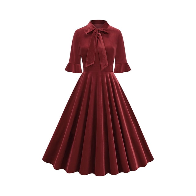 cfhntfmh Robes de Cocktail pour Femmes Vintage à Volants Manches 3/4 Robe Midi Élégante Nœud devant Invitée de Mariage Fête Bal Robe
