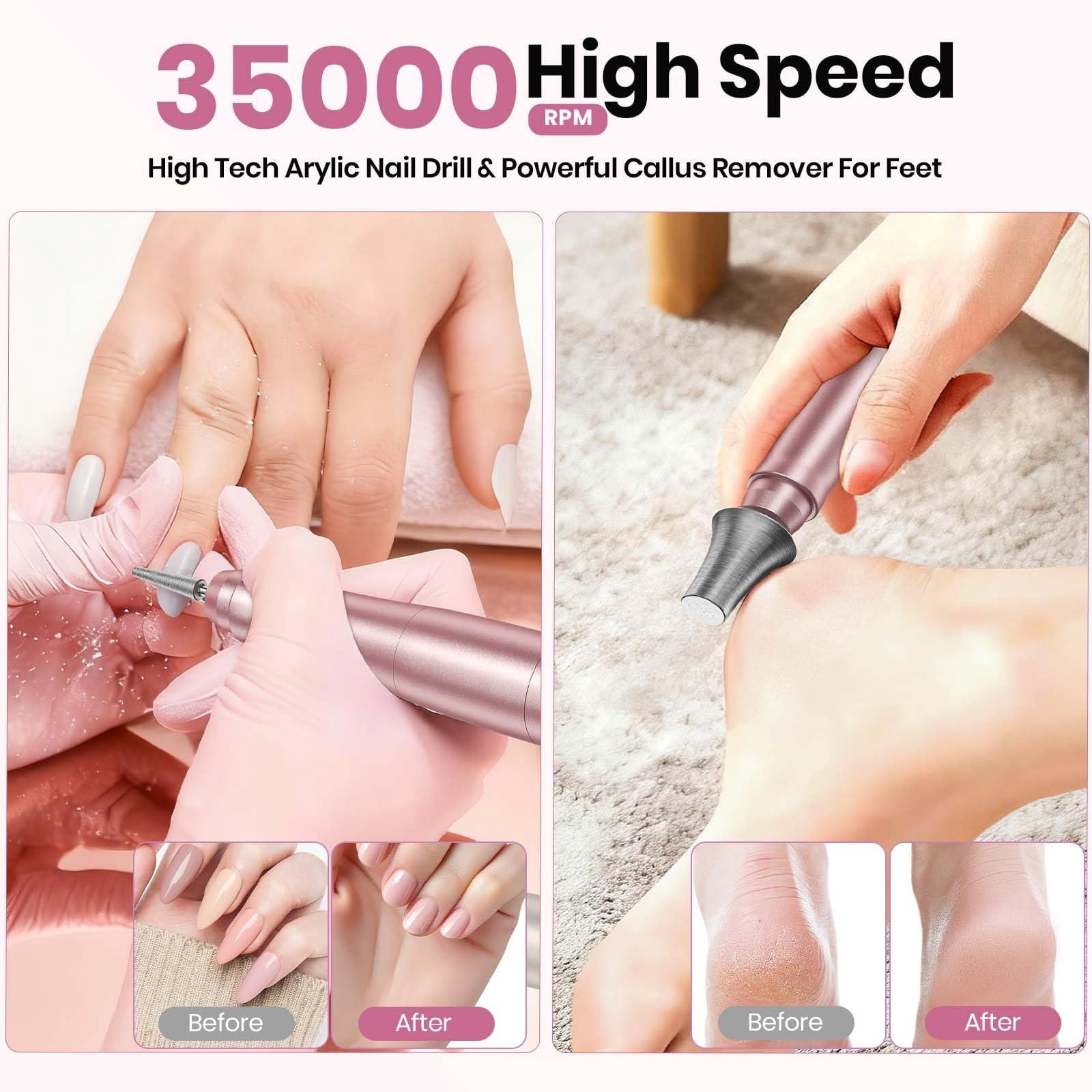 Cordless 35000RPM Nail Drill, Rechargeable Electric Nail File with LCD Display, Low Noise Low Vibration Professional Manicure Pedicure Set for Acrylic Gel Nails, Hand and Foot Care