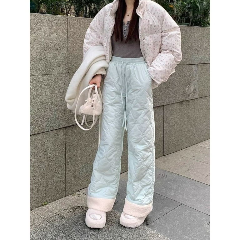 Oversized Lamb Brushed Pants for Women Winter Fleece Pink