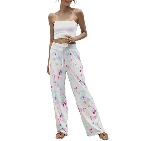

Ladies Tie-Dye Comfortable Pajama Pants Printed Drawstring Palazzo Casual Wide Leg Pants