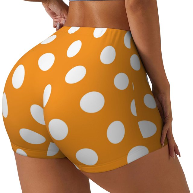 Fotbe Orange And White Polka Dot Shorts Sin Costuras – Shorts Deportivos de Cintura Alta para Mujer, Elásticos para Gimnasio, Yoga, Running o Ciclismo-Medium