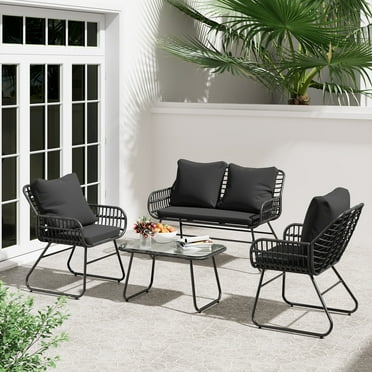 Bifanuo 4-Piece Rattan Outdoor Patio Dining Set with Cushions and Metal Table, Black/Black