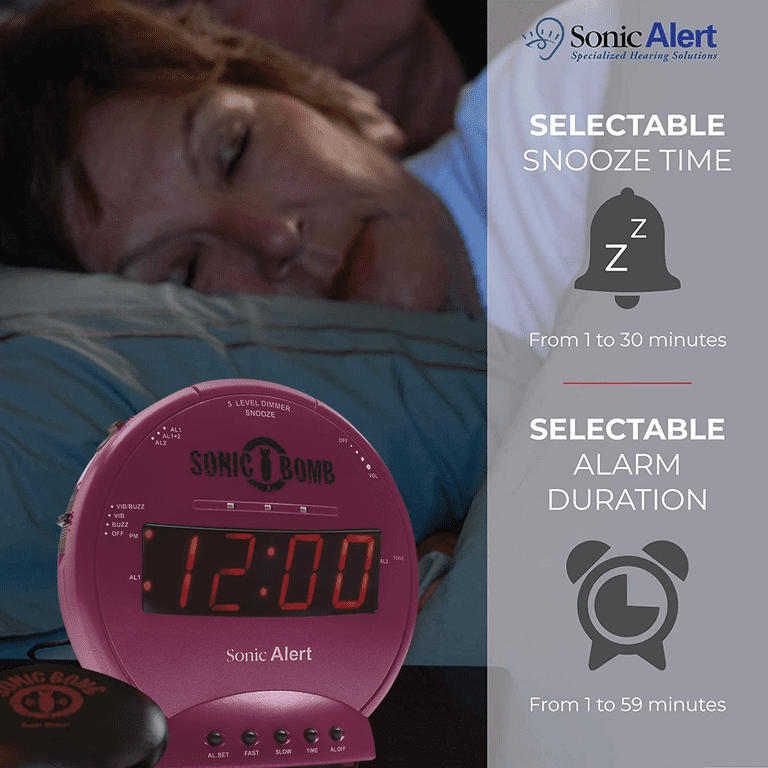 Sonic Alert, Sonic Bomb Alarm Clock, RRK150, Pink with Bed Shaker