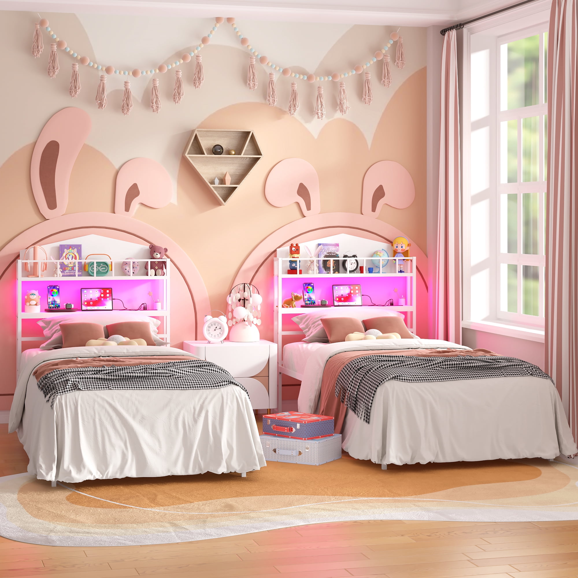 Yoneston Kids Twin Bed with 2 -Tier LED Storage Headboard & Charging Station, House-Shaped Platform Metal Bed Frame for Boys Girls Teens, White