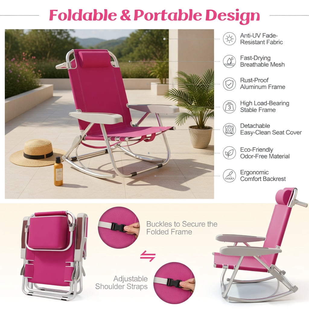 Hommoo Foldable Beach Chair with Cup Holder & Storage Pockets, Lightweight Aluminum Outdoor Chair for Beach, Pool & Lawn, Pink